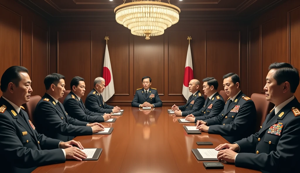 a highly detailed photo of Japanese generals and commanders in a meeting room, realistic, photorealistic, 8k, ultra-detailed, professional, dramatic lighting, intense expressions, serious demeanor, military uniforms, oak table, chandelier, Japanese flags