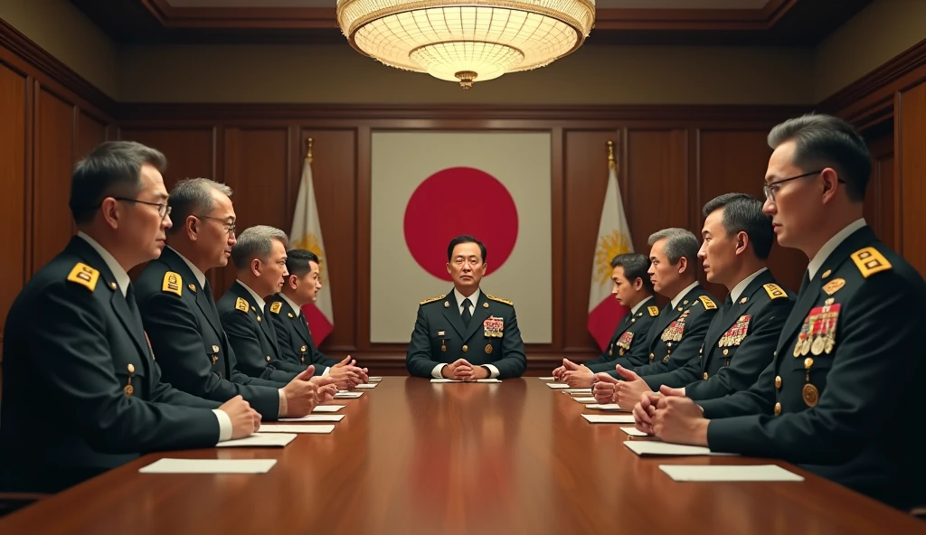 a highly detailed photo of Japanese generals and commanders in a meeting room, realistic, photorealistic, 8k, ultra-detailed, professional, dramatic lighting, intense expressions, serious demeanor, military uniforms, oak table, chandelier, Japanese flags