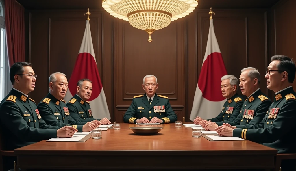 a highly detailed photo of Japanese generals and commanders in a meeting room, realistic, photorealistic, 8k, ultra-detailed, professional, dramatic lighting, intense expressions, serious demeanor, military uniforms, oak table, chandelier, Japanese flags