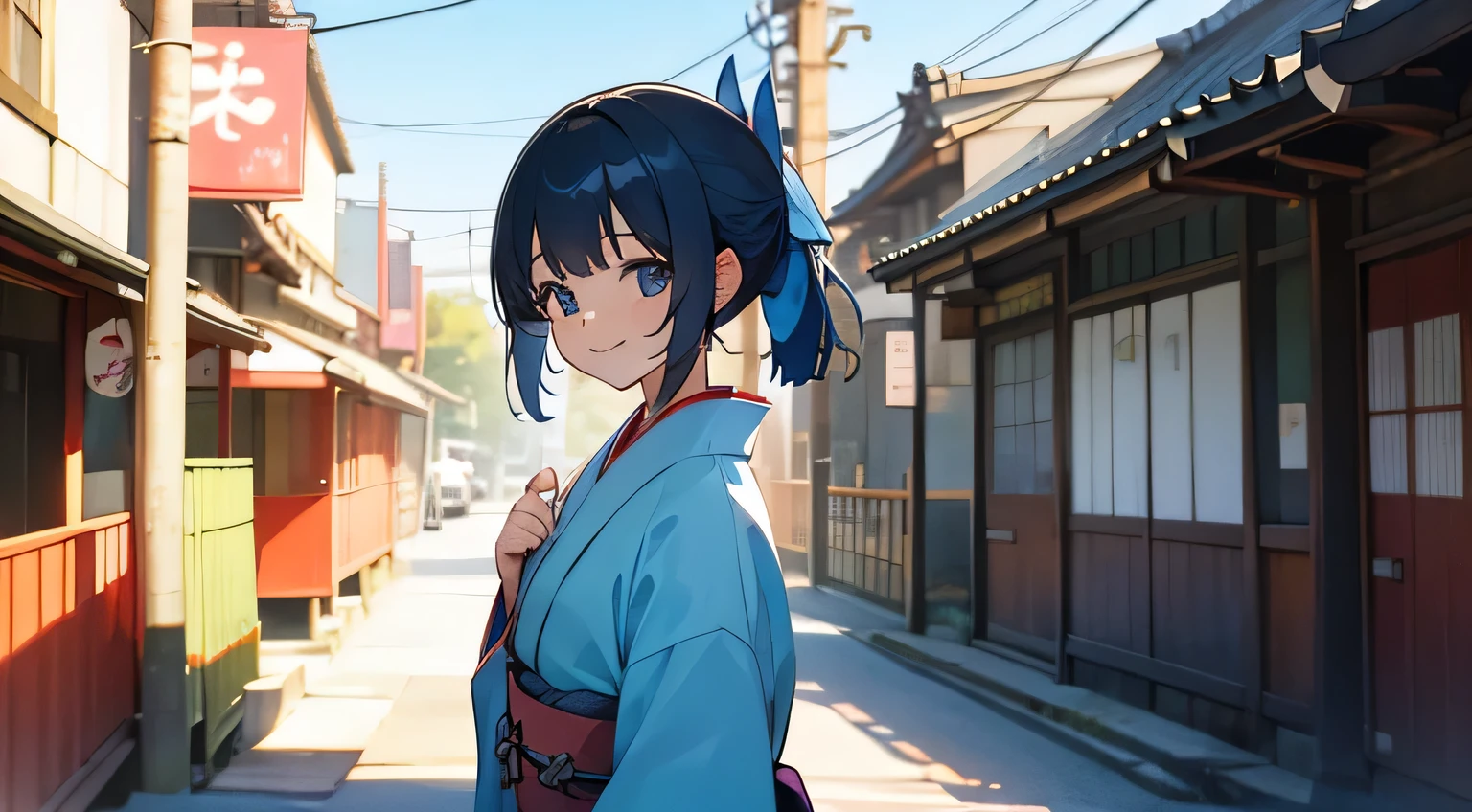 japan street,blue sky,smile,kimono,japanese,girl