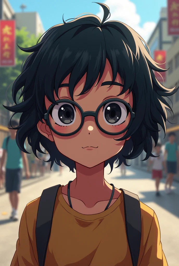 Boku no Hero Academia, brown skin girl,short black wavy hair, slanted, black eyes and wearing glasses