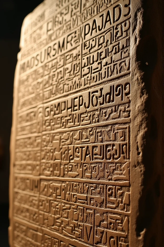 A close-up of the Rosetta Stone with hieroglyphs and translations, highlighting the significance of this discovery in understanding ancient Egyptian writing.
