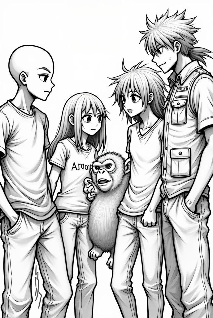 an image with 5 people interacting with each other, a young bald black man in a black t-shirt, a short young woman with bangs and an argentina shirt, a young man with messy, wavy white hair wearing a white t-shirt and baggy pants, a tall young black man with dreadlocks wearing a military vest, and a chimpanzee. Made with thick, gothic lines from the anime Soul Eater