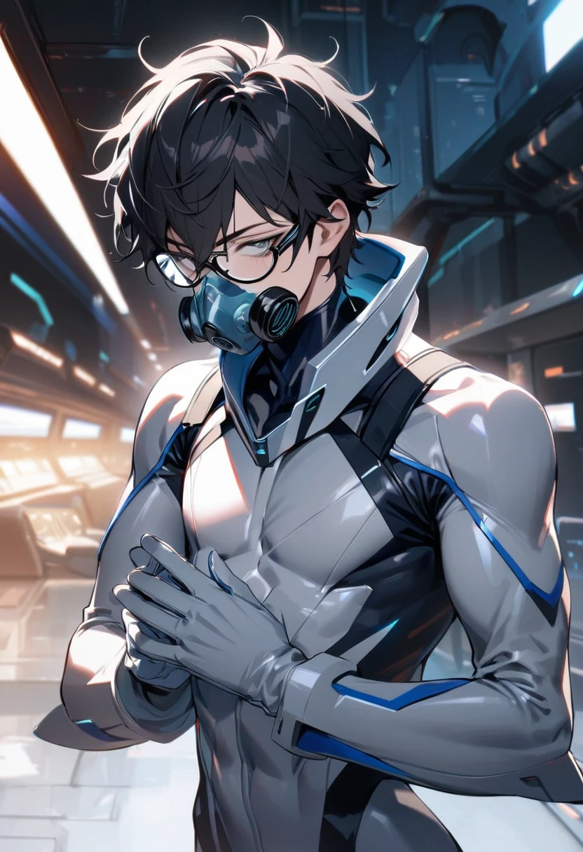 masterpiece, best quality, 1boy, solo, dsjoker, black hair, short hair, grey eyes, glasses, body suit, white and blue suit, futuristic suit, white gloves, skin tight bodysuit, toned male, teenager, young male, face mask, bodysuit, futuristic, sci fi, toned male,gas mask, hands visible