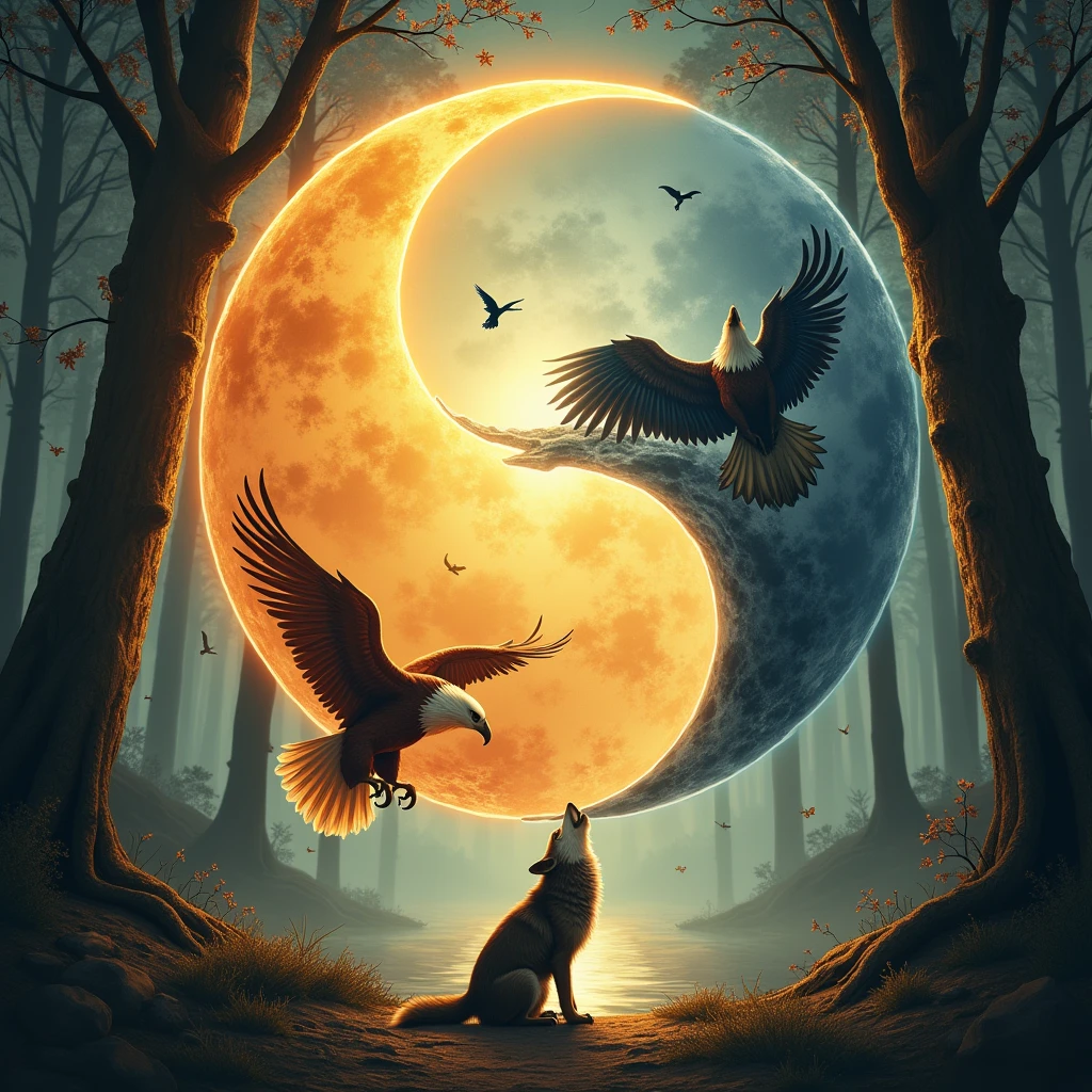 Create a sun and moon Ying Yam with an eagle spread its wings in the corner and a lone wolf howling at the Ying Yam