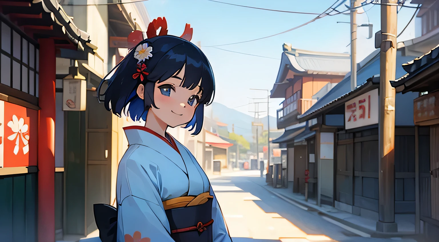 japan street,blue sky,smile,kimono,japanese,girl