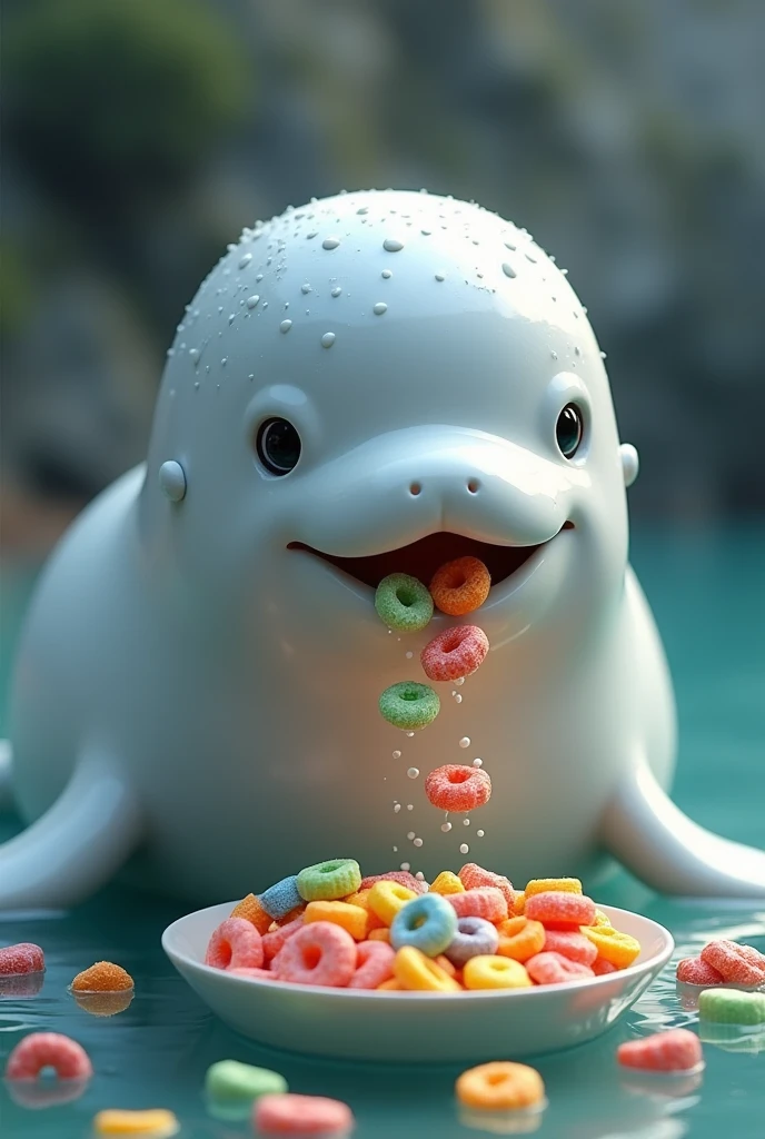 A realistic beluga eating colorful cereal