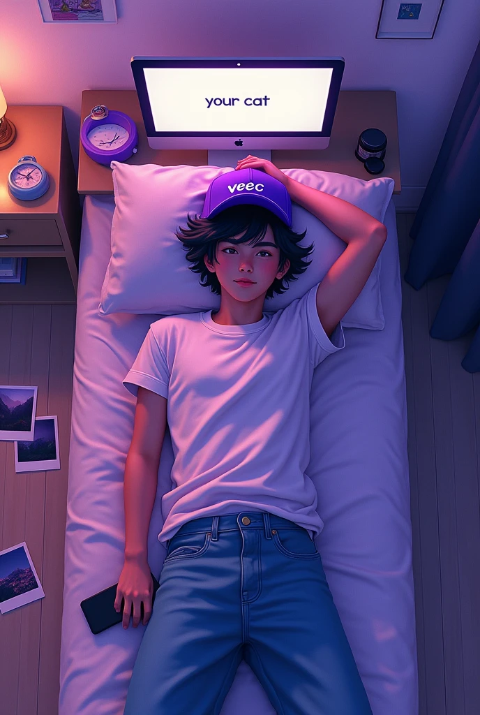 cover for song in purple scale , that has a boy with wavy black hair and a purple cap that says veec lying on a bed, with a white t-shirt and wide jeans.In his right hand the boy holds a mobile phone . On the ground there are some polaroid photos, Next to the boy there is a table that has a computer that on its screen says your cat and next to the computer a modern clock . The whole image looks like it was a photo taken from the ceiling of a room