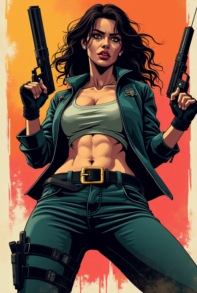 Woman holding gun in one hand and a syringe in the other comic strip