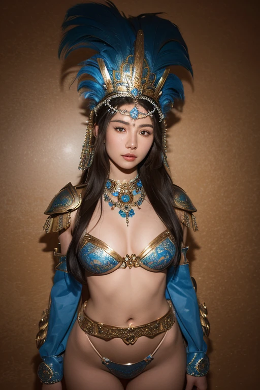 Godness, A stunning, hyperrealistic portrait of a beautiful woman in a blue warrior bikini and ornate iron headdress, standing on a beach. The detailed face resembles that of a goddess, and the armor is exquisitely crafted, masterpiece, maxium resolution, vivids, 48K