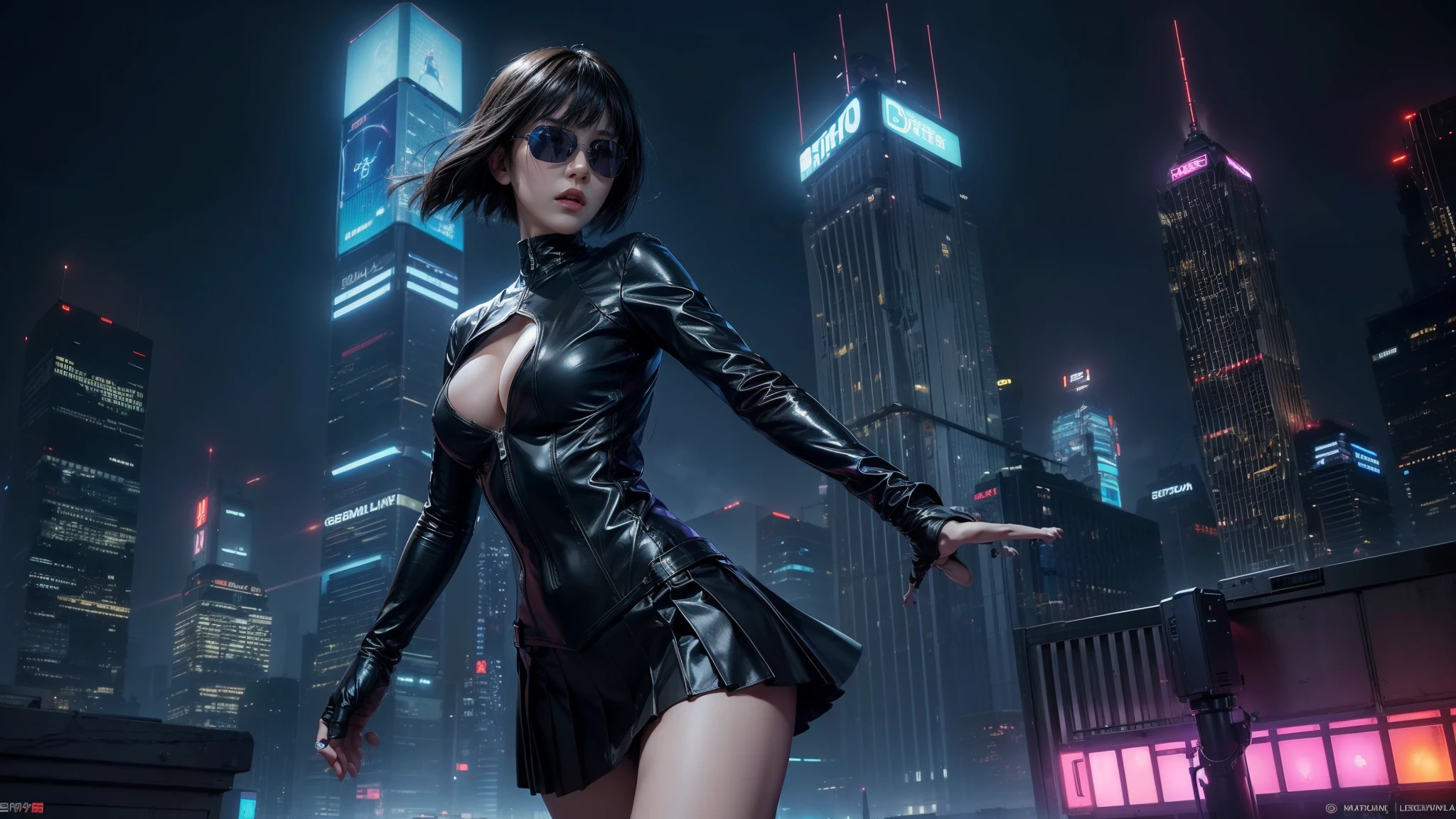 (Wide angle view). "ghost in the shell" film inspired futuristic Tokyo city, simple outlined neon tall buildings, OLED holographic portrait on buildings, glowing giant clock tower, 1drone, lightning, 3D rendering Beeple. At night, (1girl, solo, alone), photorealistic, medium-breast slim:0.6 body, oval:0.5 face, cleavage:1.1, sexy costume with deep-v, low view pleated miniskirt, glove, (Matrix style black micro sunglasses), ((aiming viewer with a short gun)), (running pose), (half-body thigh level close-up shot), cinematic lighting, ray tracing.