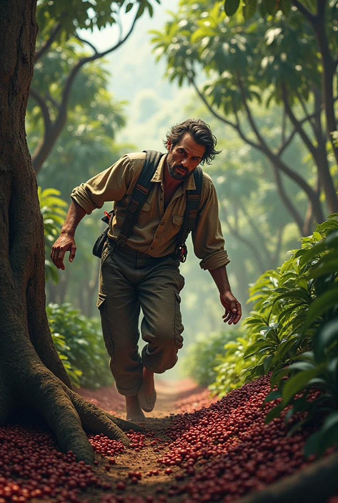 A man tripping and falling on an araucaria tree root while harvesting coffee beans 