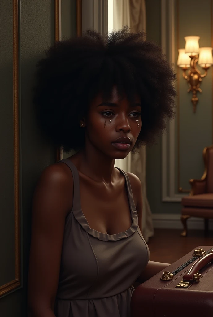 With an crying face at a corner Generate an image of a dark black beautiful woman in Afro hair  in a modest dress crying with luggage by her side in a luxurious room 