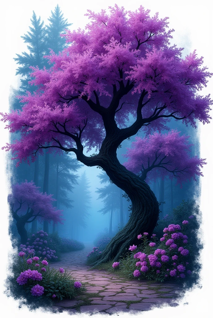 illustration, flowering trees, dark with dark purple details, with blue details, enchanted garden theme,  white background
