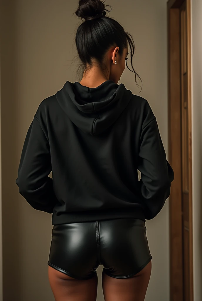 black woman hair in a bun black hoodie black leather short shorts being fucked in the ass by a old grandma in a dress