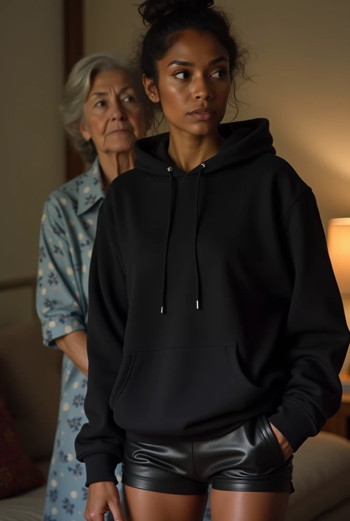 black woman hair in a bun black hoodie black leather short shorts being fucked in the ass by a old grandma in a dress
