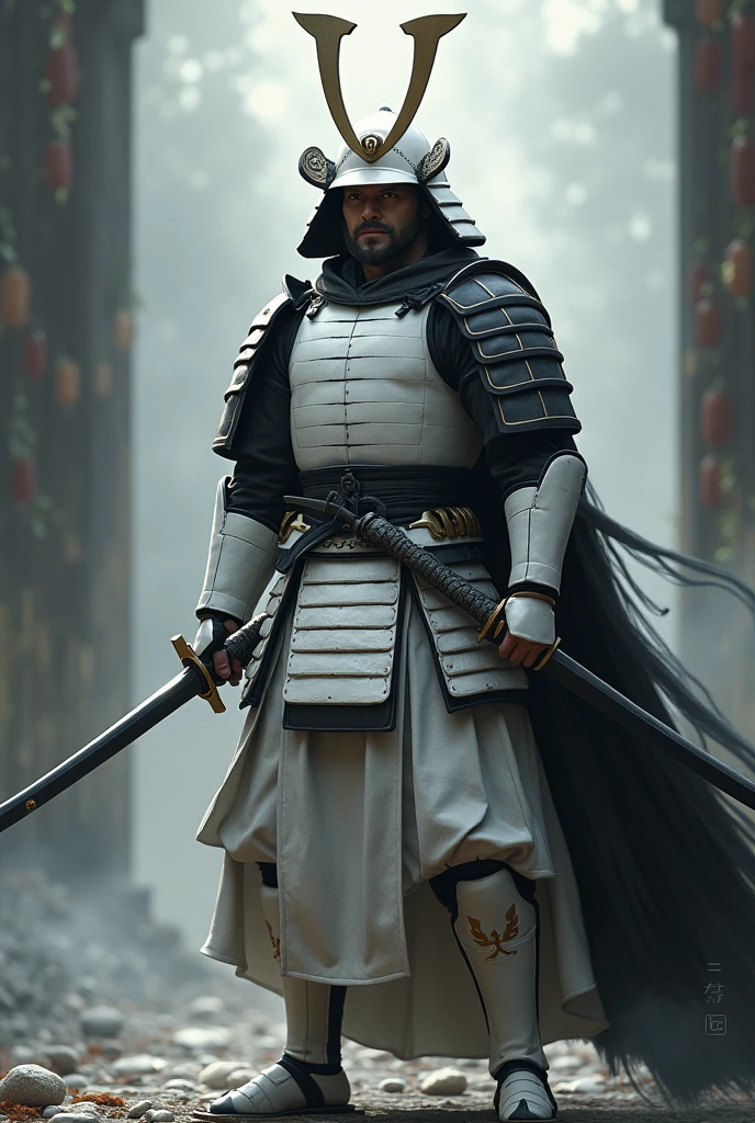 A samurai in white armor and a black cloak with 2 katanas