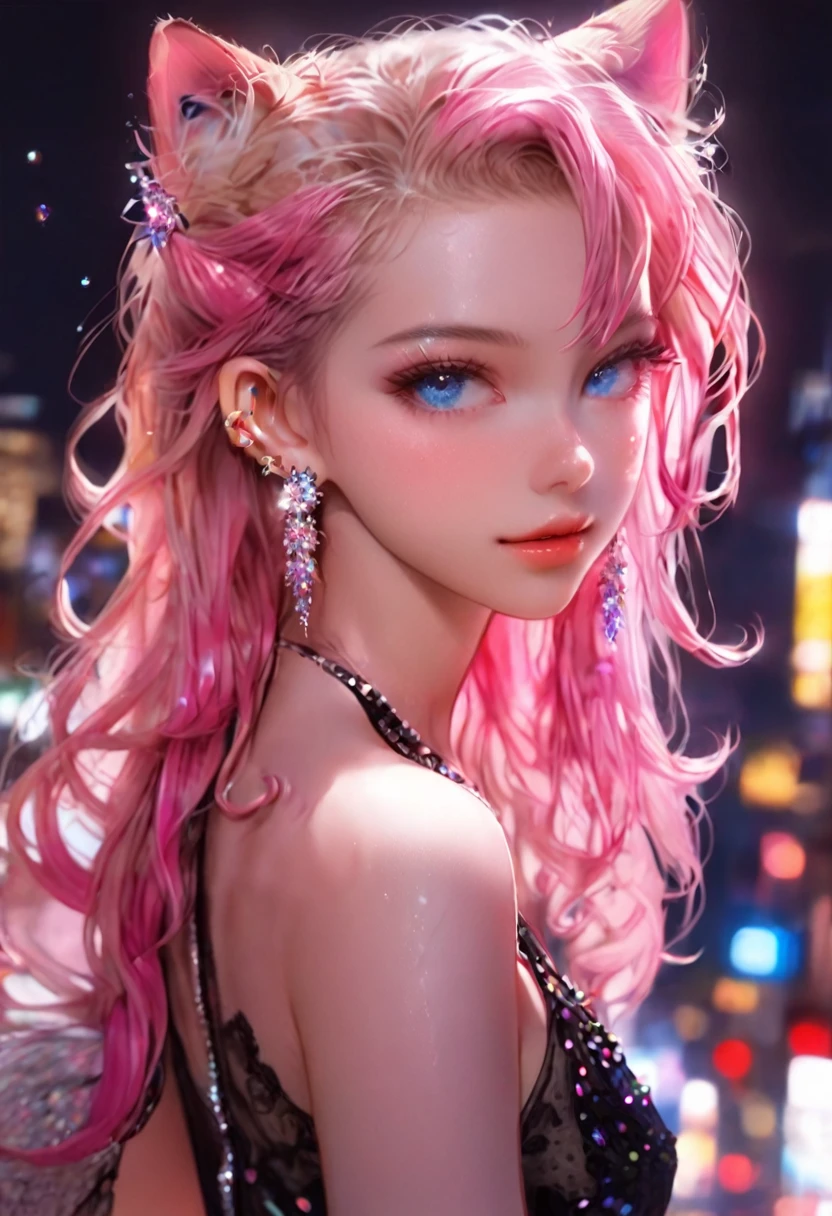 nsfw,nude,8K，an extremely delicate and beautiful,nsfw,nude,topless,pussy,full body Beautiful and realistic skin,Shiny jewel-like earrings,Bedhead,like glitter white and pink hair,beautiful blue eyes,black tanktop,short shots,asian cute girl,full body,Shining brightly night city,