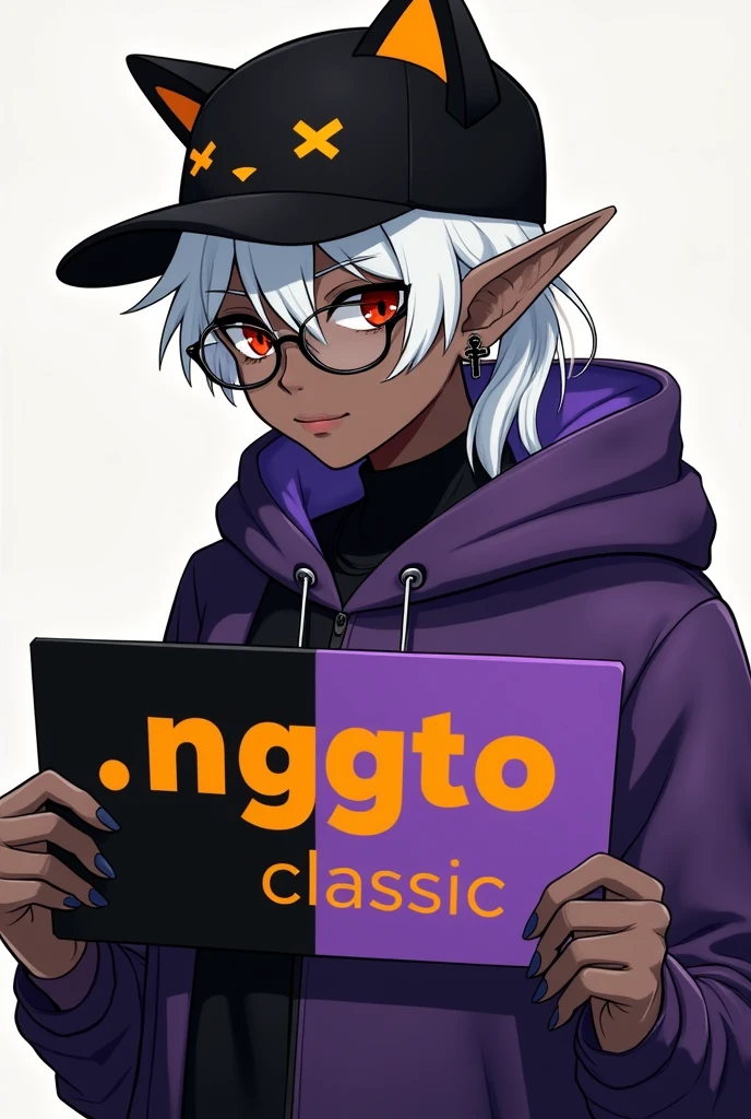 young man, Black skin tone, dark red eyes, elf ear small size, black earring in the shape of a cross but with two ears, wears prescription glasses, White hair, hair tied with ponytail, 2 strands of hair in the front, wears a black cap with a cat face, wears a closed hood with two different colors, black on one side and purple on the other, com um nome laranja Written: NGGTO. Holding a sign with a side cut that divides the colors black and purple, Written: NGGTO Classic