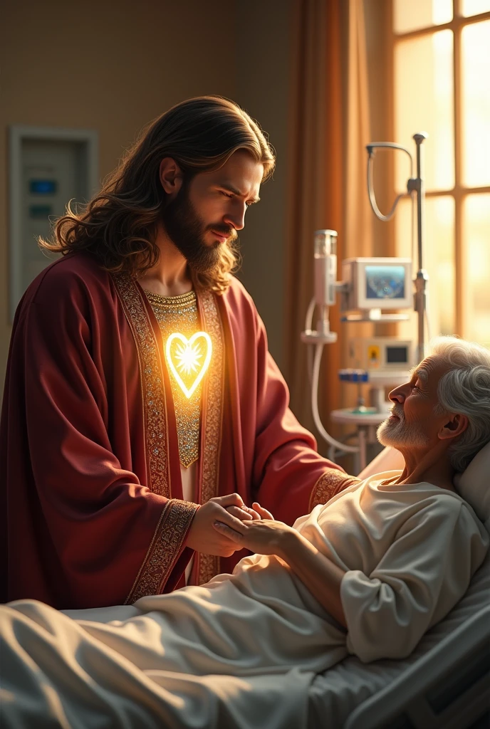 (photorealism:1.2), handsome Jesus Christ holding the hand of an old patient, sitting on bed beside of old patient that laying in bed in the hospital with many apparatus attach, wearing a maroon color of king clothes with light in his heart and head sparkling all over, many diamonds, nice hair, indoors, soft lighting, hospital bed  in the background, window with sunlight, cozy room, relaxed pose, realistic, intricate details, warm colors,