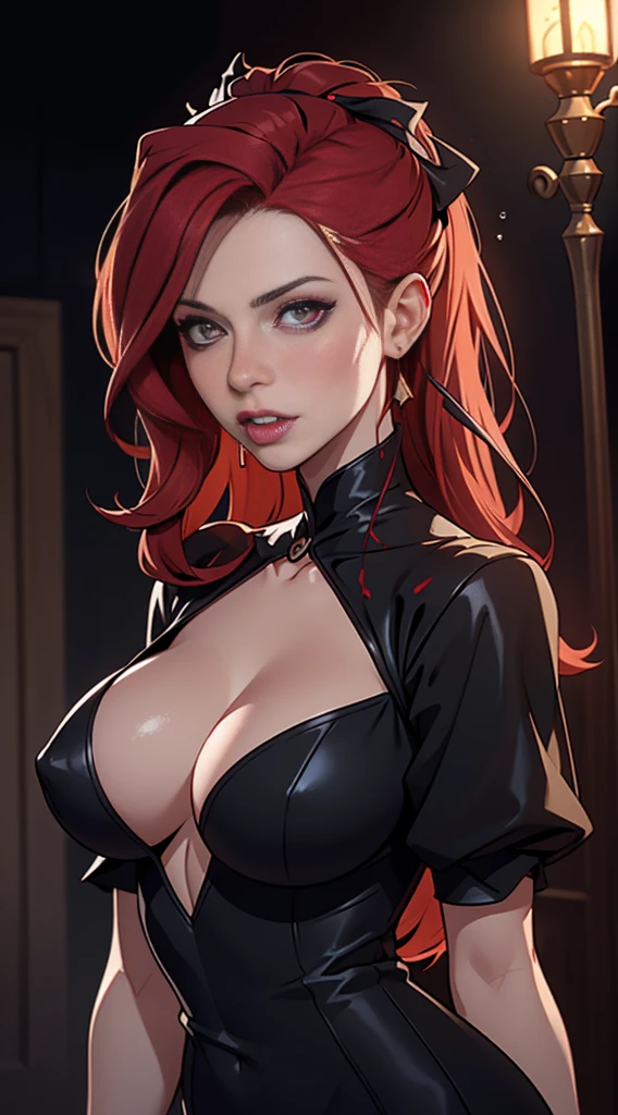 Masterpiece, Best Quality, Photorealistic, Rayne, Black Dress, vampire fangs, hair ribbons, Average Breasts, red hair, blood rayne, BLood Rayne, Bayonetta, Blood dripping from the mouth,Bloodrayne, Danaerys Targaryen, Kate Beckinsale, cleavage