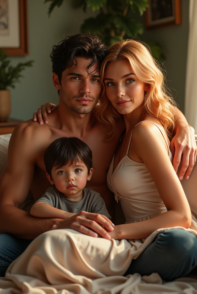 An extremely handsome alpha man of tall stature, tanned skin, defined body, green eyes, short wavy black hair with his partner, a beautiful woman with strawberry blonde hair, amber eyes wearing a long dress that defines her body in a cozy house with her children, one with short strawberry blonde hair, green eyes wearing shorts and one with black hair, amber eyes wearing a little dress.
