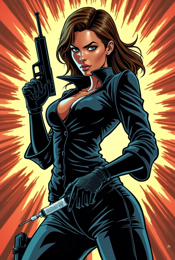 Woman holding gun in one hand and a syringe in the other comic strip 
