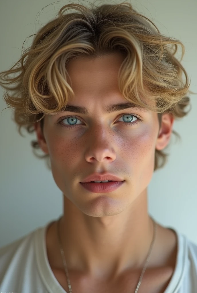 Young male, blonde slightly curly hair, deep blue eyes, fair skin with a slight tan, looks similar to bts jimin, realistic looking
