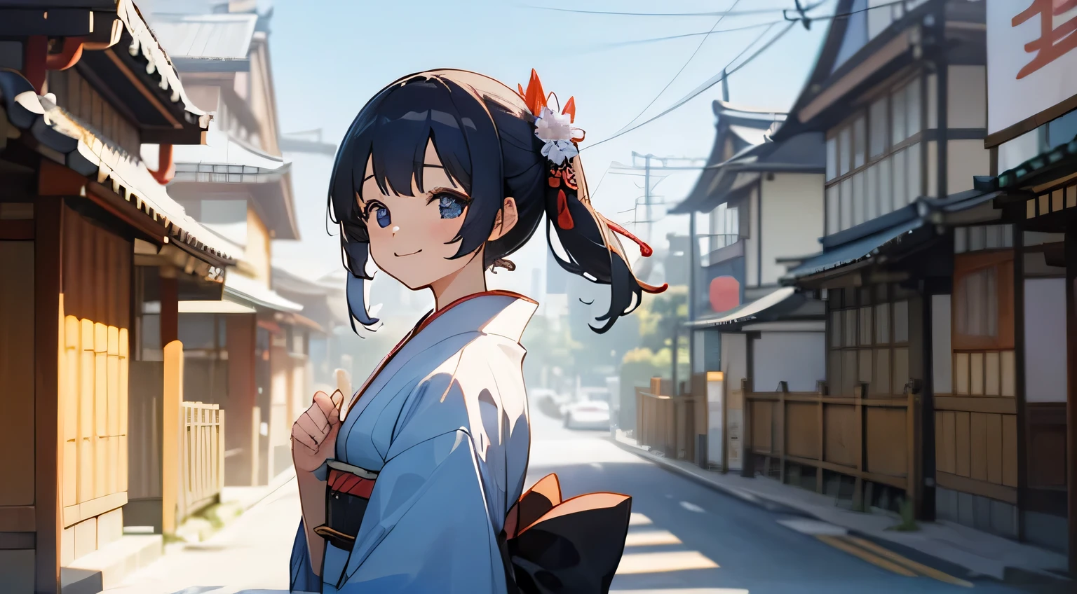 japan street,blue sky,smile,kimono,japanese,girl