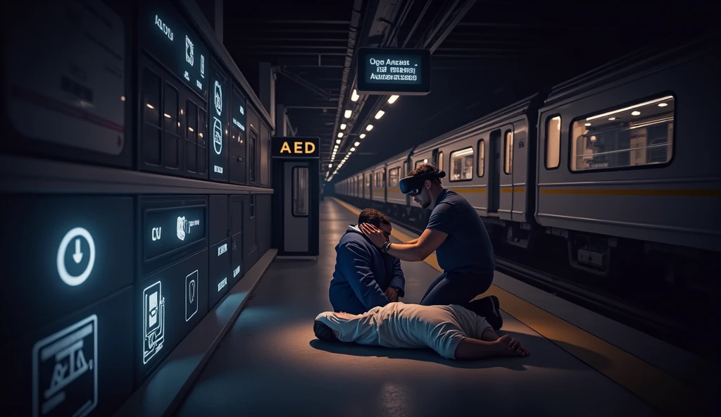 Scene at subway station，A subway train passing by in the background，Someone in front is wearing VR and using AED to rescue the person lying down.，Technology lines
