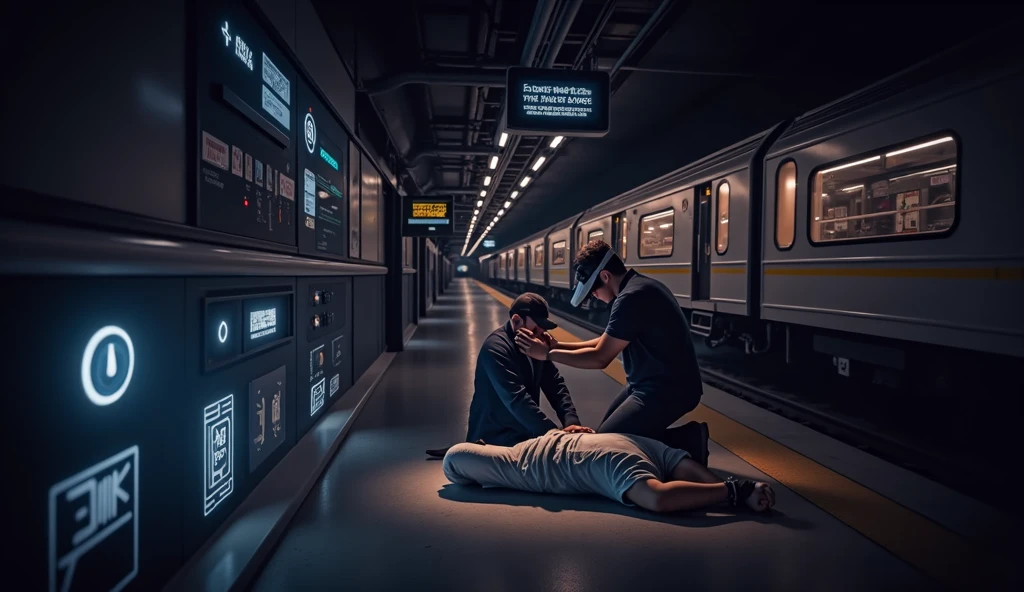 Scene at subway station,A subway train passing by in the background,Someone in front is wearing VR and using AED to rescue the person lying down.,Technology lines