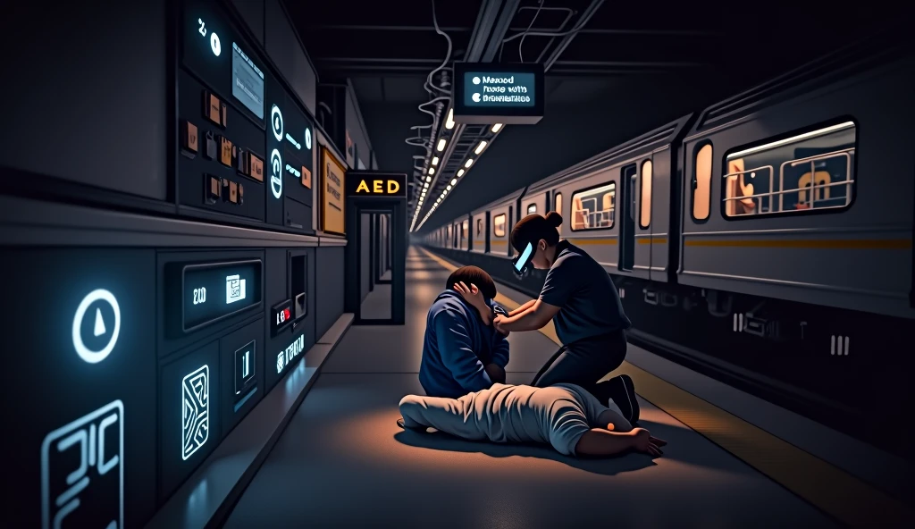 Scene at subway station,A subway train passing by in the background,Someone in front is wearing VR and using AED to rescue the person lying down.,Technology lines