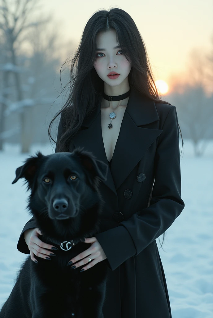 Captivating and sublime full-body illustration of a slim, pale-faced, long-haired Asian woman wearing a luxurious black coat and black jewelry. She is standing next to a black dog. The woman has black hair and wears a modern outfit, elegant curves, vixen, foggy, semi-realistic manga style, it's dawn, The dog has black fur and wears a black collar. The background is a snowy landscape. The lighting is soft, the girl's dark eye makeup accentuates her ethereal beauty and sinister aura, contrasting sharply with her glowing, almost supernatural skin, her perfectly shaped hands, an improbable scene. This fascinating image combines elements of hyperrealistic photography, 3D rendering and cinematic aesthetics, Taite Kubo manga, photo, cinematic, vibrant, poster, ethereal gothic and detailed, bright background, directed with Unreal Engine 5 for graphics, rendering of depth and haze highlighted by the Nikon d7500, use of Nvidia graphics performance