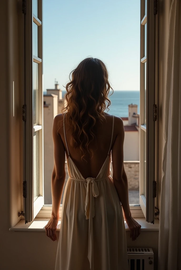 woman looking out of open window, soft blue light filtering through, surreal atmosphere, sea breeze flowing through curtains, barely perceptible distinction between dress fabric and sky, woman's curls like waves, detailed portrait, photorealistic, cinematic lighting, dreamlike, muted color palette, (best quality,8k,highres,masterpiece:1.2),ultra-detailed,(realistic,photorealistic,photo-realistic:1.37),portrait,chiaroscuro,natural lighting,muted tones,soft focus,ethereal,serene,contemplative