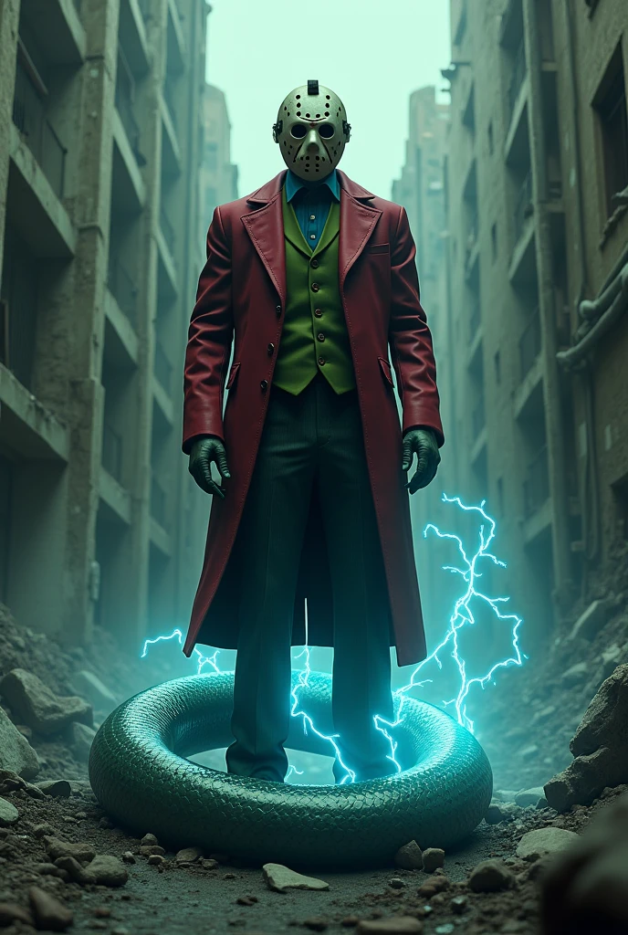 Evil joker with Jason hockey mask standing on a electric eel with electricity flowing through it that look evil with abandon buildings collapsing  