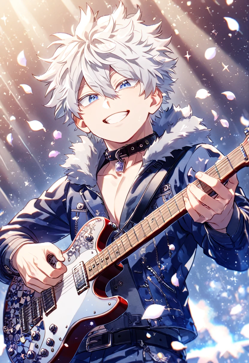 absurdres, highres, ultra detailed, HDR, master piece, best quality, extremely detailed face, delicated features, Gojou Satoru, white hair, messy hair, hair between the eyes, expressive blue eyes, white eyelashes, Boku No Hero Academia, solo, sexy man, handsome, sensual, smiling, holding guitar, dark blue jacket with fur, black belts, black collar, patterns, rockstar, stage, lights, petals, fantasy, magical, sparkling