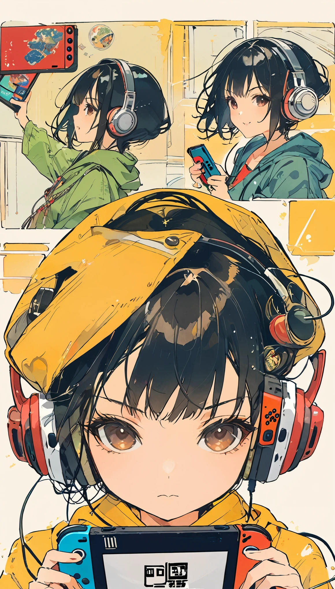 (Thin Japanese adult woman) (Short bob style hair) (Black Hair) (Dark brown eyes) (parts) (Playing on Nintendo Switch)、Upper Body、Yellow hoodie、Headphones、The Style of Kawanabe Kyosai