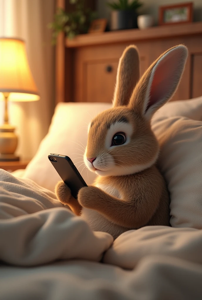 Male rabbit, writing a message on a phone. lying on a bed