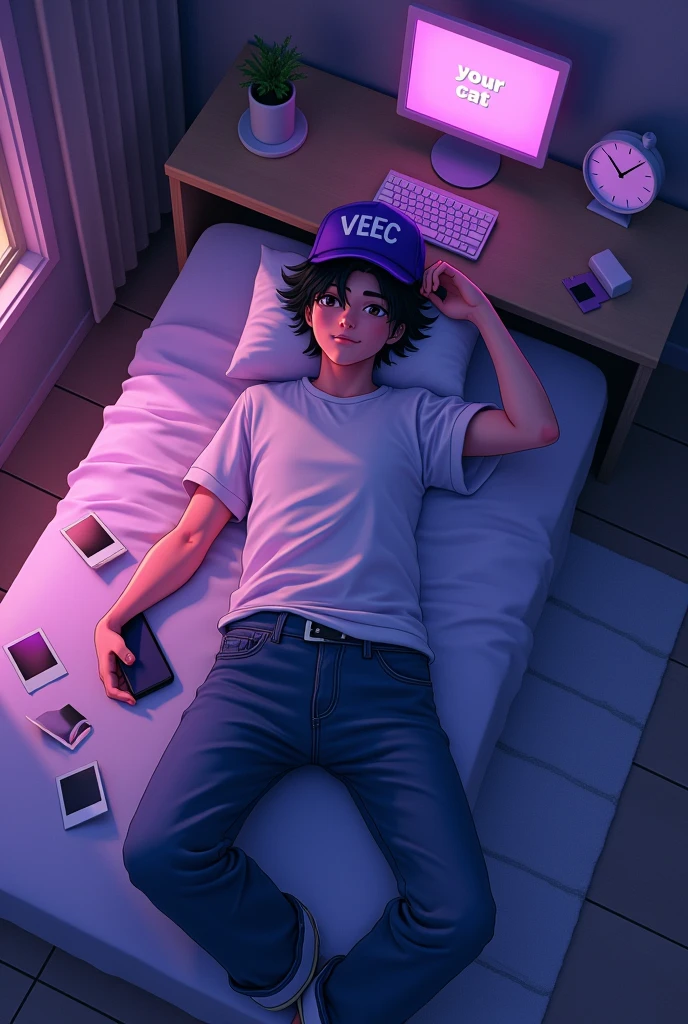 
cover for song in purple scale , that has a boy with wavy black hair and a purple cap that says veec lying on a bed, with a white t-shirt and wide jeans.In his right hand the boy holds a mobile phone . On the ground there are some polaroid photos, Next to the boy there is a table that has a computer that on its screen says your cat and next to the computer a modern clock . The whole image looks like it was a photo taken from the ceiling of a room and the image is animated but with urban designs 
