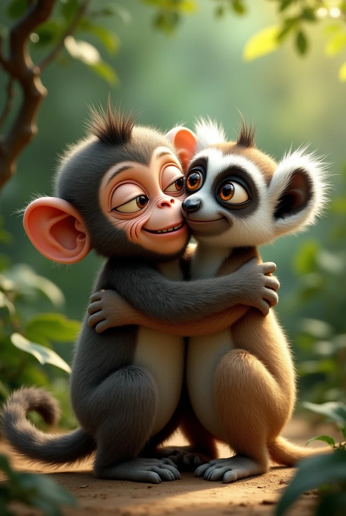A monkey and a lemur hugging, both animals are ugly