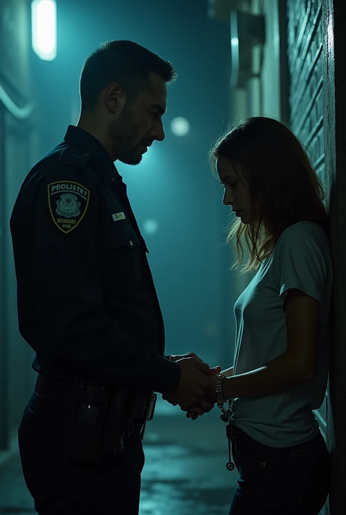 A police officer handcuffs a girl