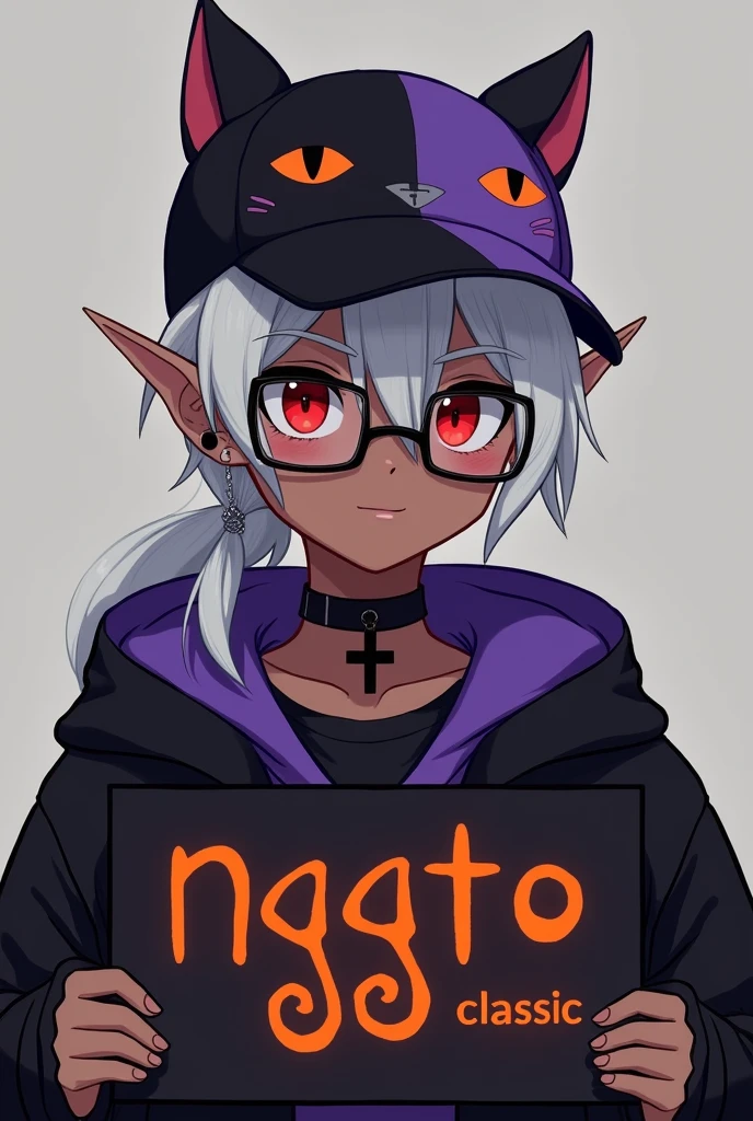 young man, Black skin tone, dark red eyes, elf ear small size, black earring in the shape of a cross but with two ears, wears prescription glasses, White hair, hair tied with ponytail, 2 strands of hair in the front, wears a black cap with a cat face, wears a closed hood with two different colors, black on one side and purple on the other, com um nome laranja Written: NGGTO. Holding a sign with a side cut that divides the colors black and purple, Written: NGGTO Classic