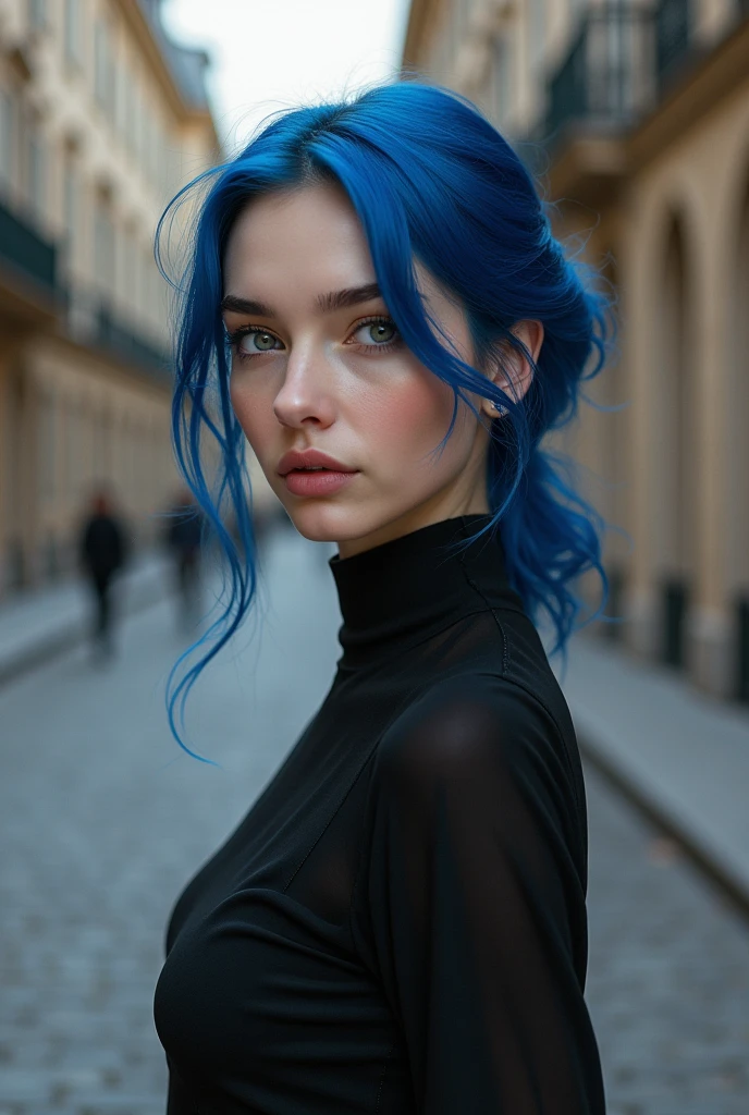 Full length, make a girl indistinguishable from reality, Blue Hair, Thin face, Grey Eyes, girl, 1, Slim figure, Almond-shaped eyes, Button nose, Fuller lips, European style exterior, Very exquisite and detailed, Black eyeliner, Above the knee stockings, Looking into the camera, Professional photography, Super sharp focus, so beautiful¥