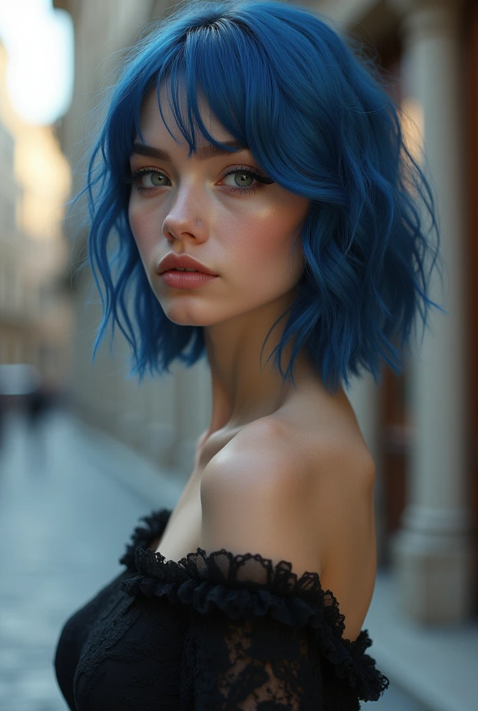 Full length, make a girl indistinguishable from reality, Blue Hair, Thin face, Grey Eyes, girl, 1, Slim figure, Almond-shaped eyes, Button nose, Fuller lips, European style exterior, Very exquisite and detailed, Black eyeliner, Above the knee stockings, Looking into the camera, Professional photography, Super sharp focus, so beautiful￥