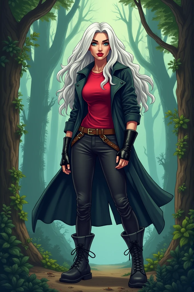 2D Woman Gravity Falls Style , athletic body, with long wavy white hair, He is wearing a black trench coat and a red T-shirt., wears black fingerless boots and gloves, He has bright blue eyes, She has blood red lips, tenacious and firm look, warrior, is in the forest