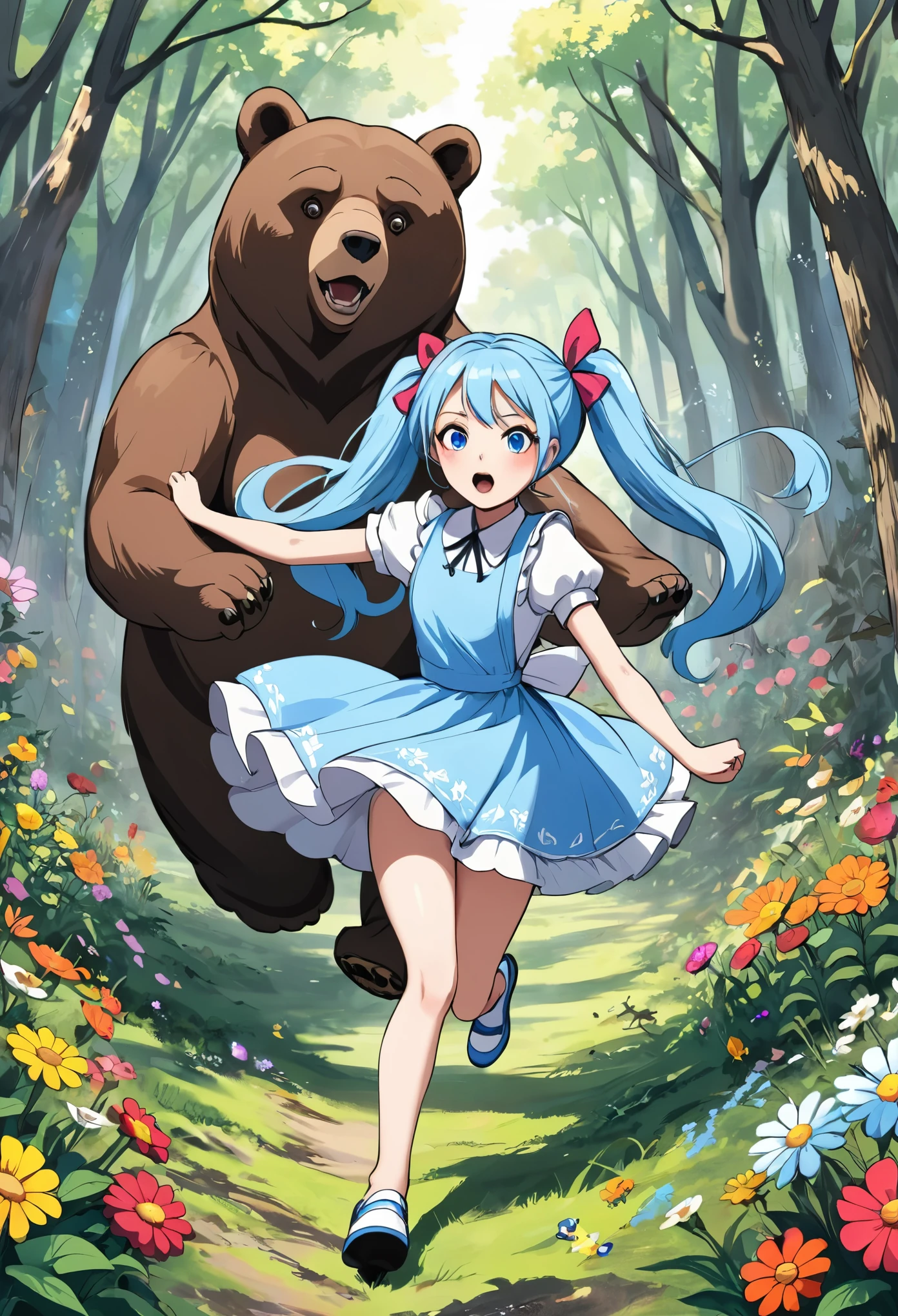 Alice in Wonderland、Light blue long hair、beautiful girl with twin tails、Running for his life through the woods, chased by a huge, scary bear、Desperate look、There are many colorful flowers blooming at my feet.