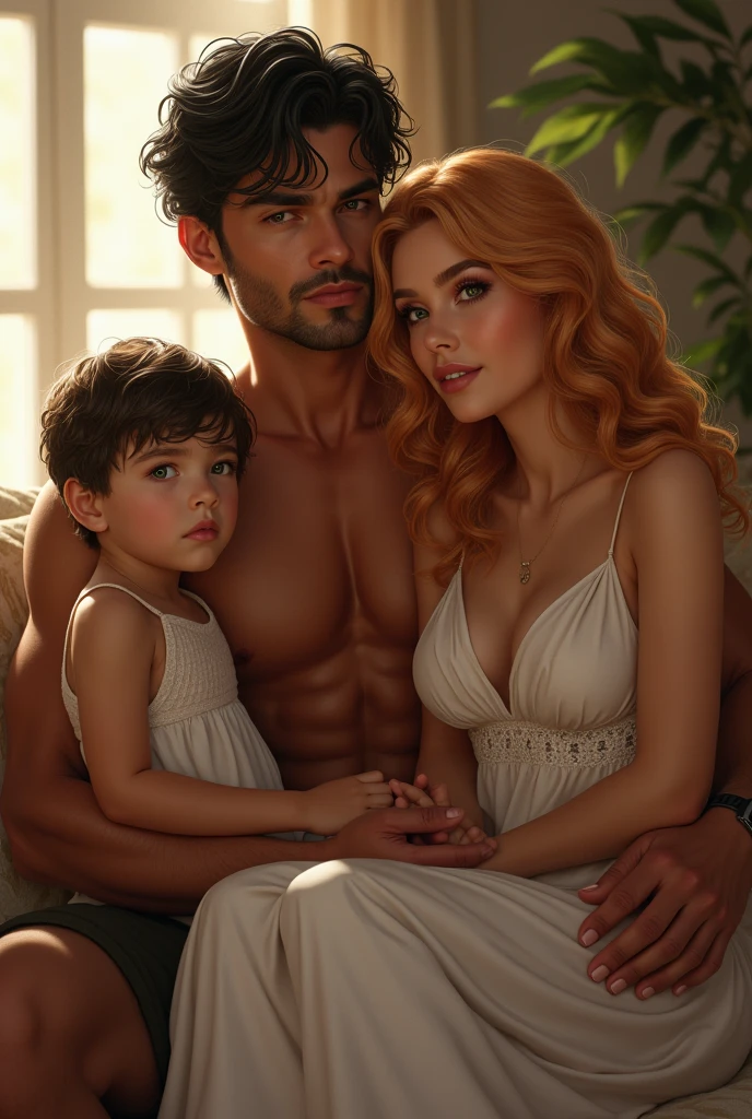 An extremely handsome alpha man of tall stature, tanned skin, defined body, green eyes, short wavy black hair with his partner, a beautiful woman with strawberry blonde hair, amber eyes wearing a long dress that defines her body in a cozy house with her children, one with short strawberry blonde hair, green eyes wearing shorts and one with black hair, amber eyes wearing a little dress..