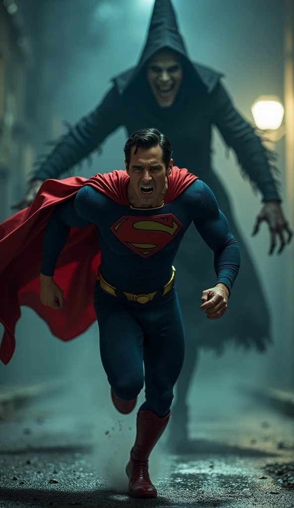 Make a picture of Superman running away in the night screaming after seeing a scary witch