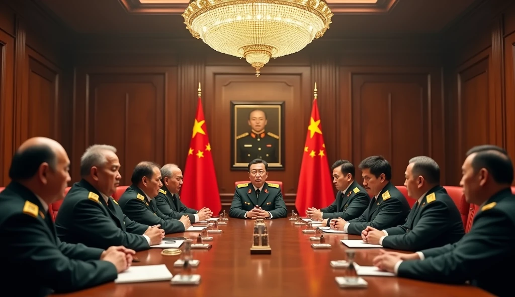 a highly detailed photo of chinese generals and commanders in a meeting room, realistic, photorealistic, 8k, ultra-detailed, professional, dramatic lighting, intense expressions, serious demeanor, military uniforms, oak table, chandelier, chinese flags