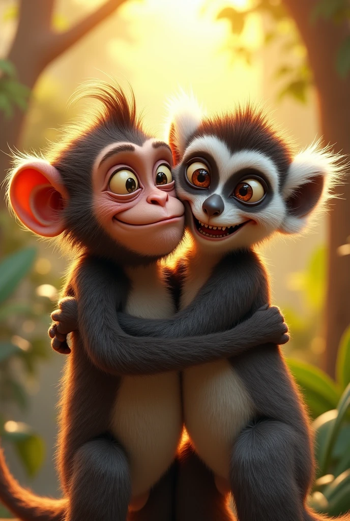 A monkey and a lemur hugging, both animals are ugly Even uglier 